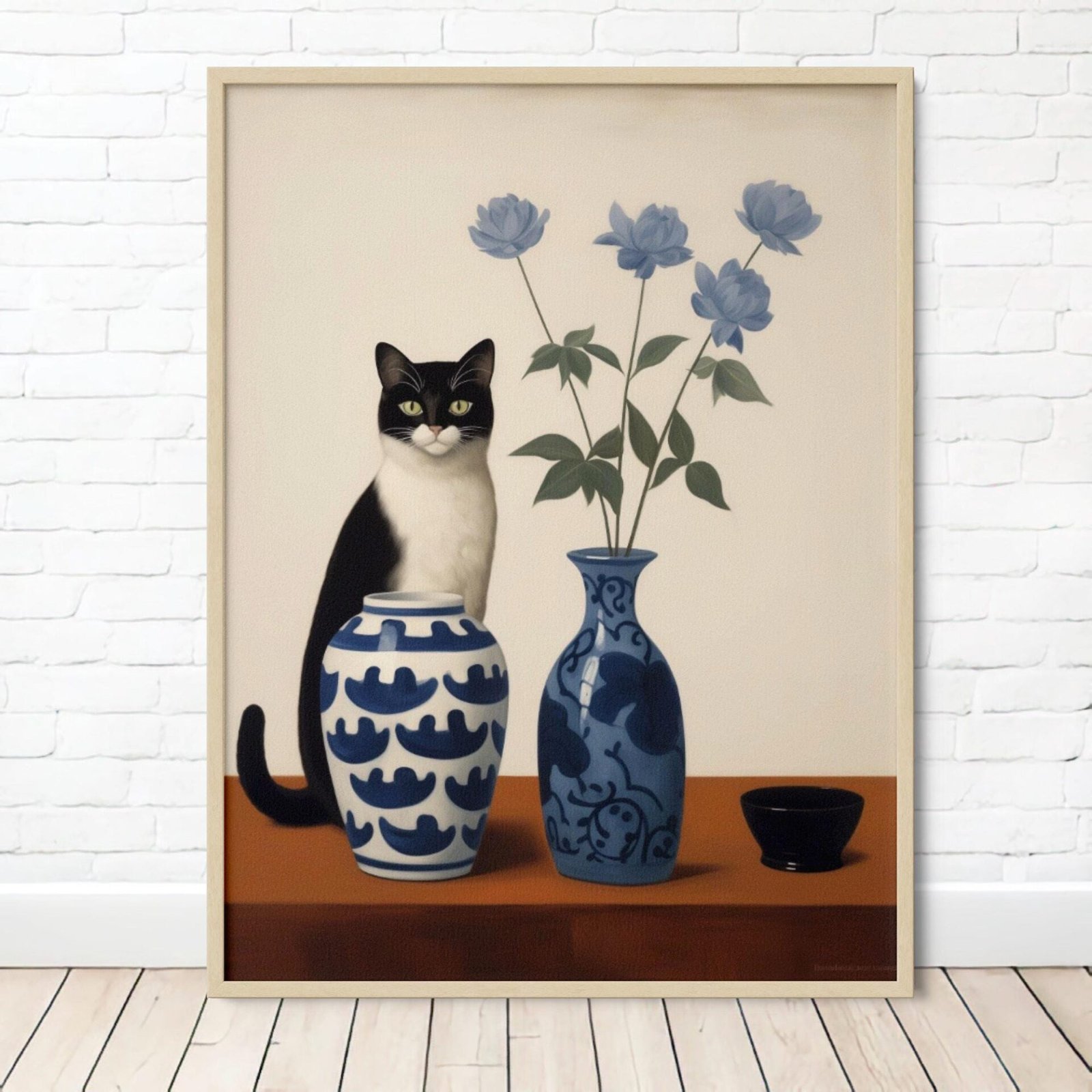 Les vases bleus, nature morte avec chat inspiré de Douanier Rousseau et Félix Vallotton