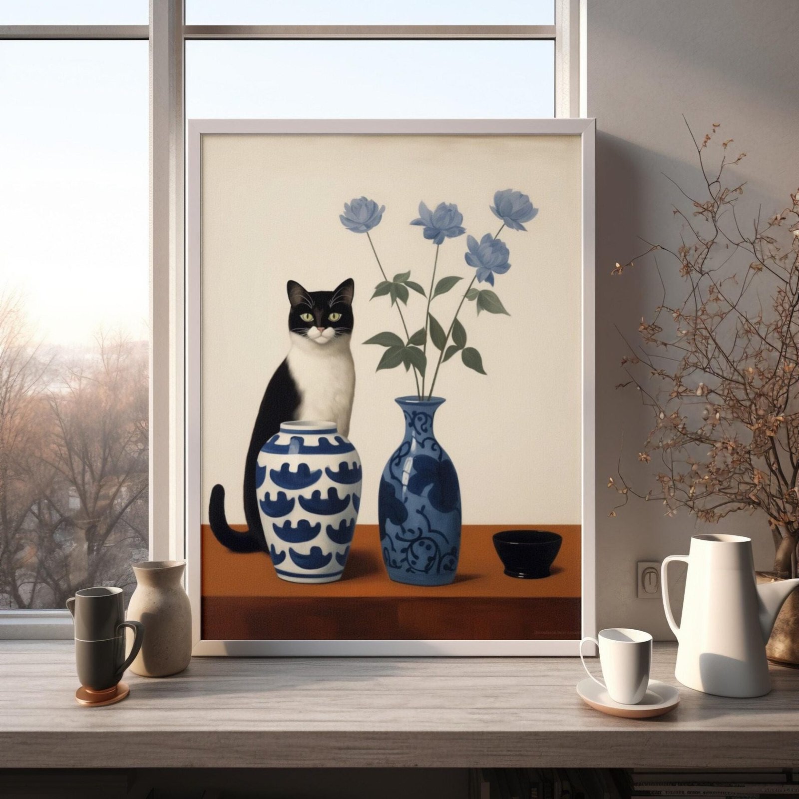 Les vases bleus, nature morte avec chat inspiré de Douanier Rousseau et Félix Vallotton