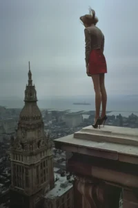 Atop a skyscraper VI, photo d'art femme en jupe rouge inspiré de Helmut Newton et Guy Bourdin