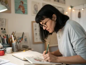 Donna Glisco dans son atelier, entourée de croquis colorés et de pinceaux, concentrée sur une illustration en cours.