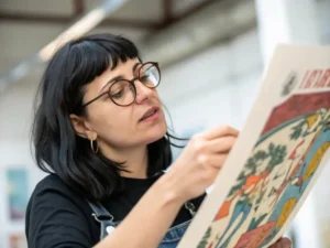 Portrait de Donna Glisco assise à sa table de travail, tenant une scène fantastique aux couleurs vives
