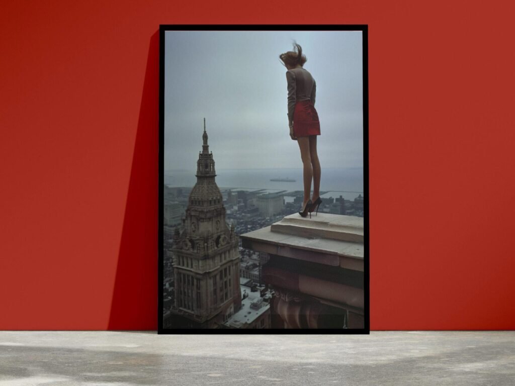 Atop a skyscraper VI, photo d'art femme en jupe rouge inspiré de Helmut Newton et Guy Bourdin
