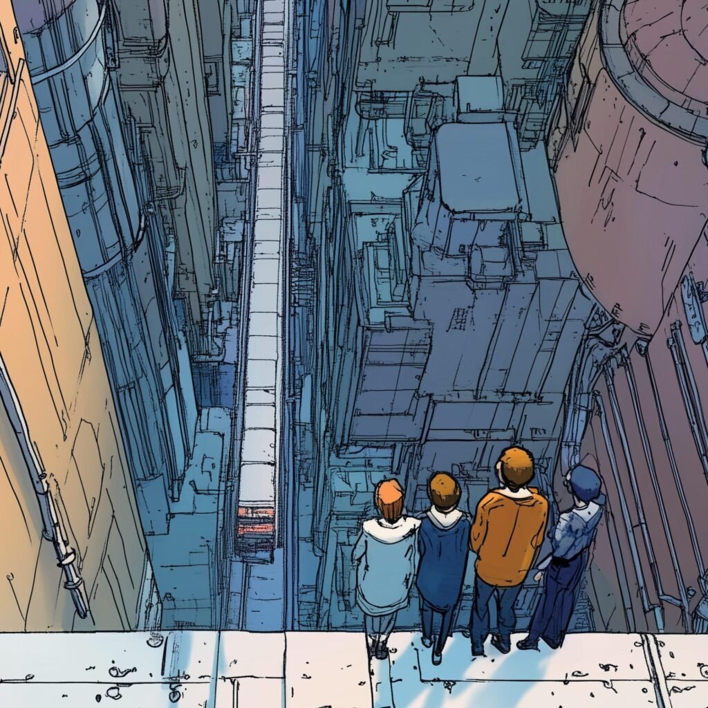 Les guetteurs du vide, dessin manga urbain inspiré de Katsuhiro Otomo et François Schuiten
