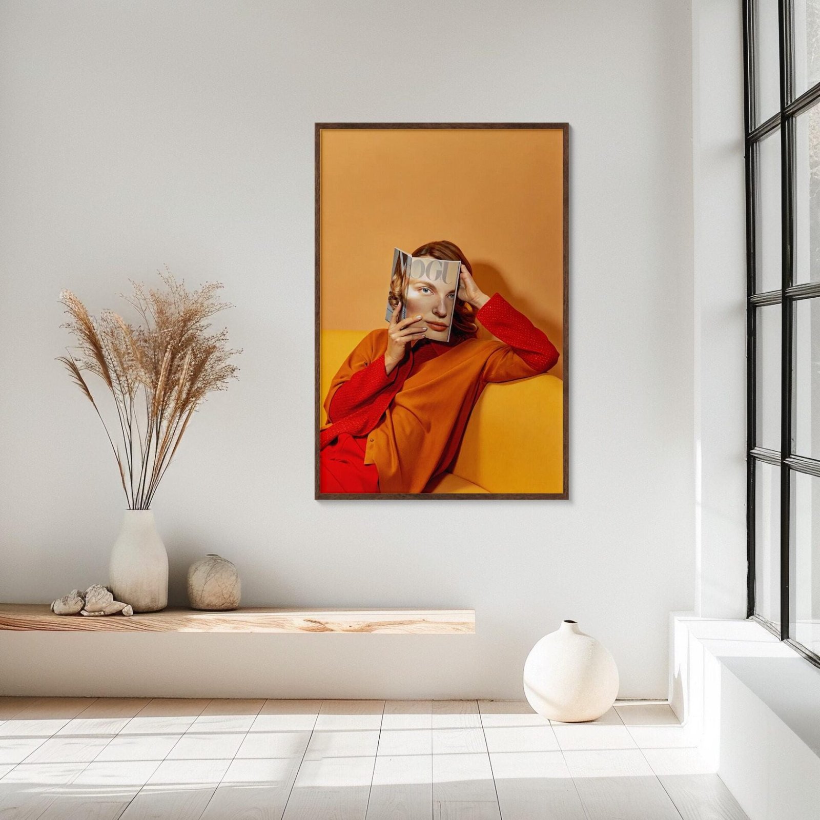 Première de couverture (orange), affiche vogue 1960 inspiré de Cindy Sherman et Guy Bourdin