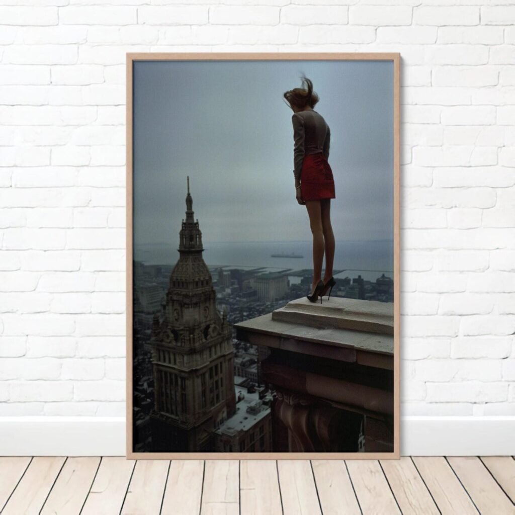 Atop a skyscraper VI, photo d'art femme en jupe rouge inspiré de Helmut Newton et Guy Bourdin