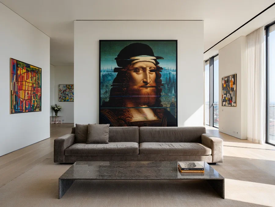 Tableau numérique inspiré de Vermeer avec éléments contemporains