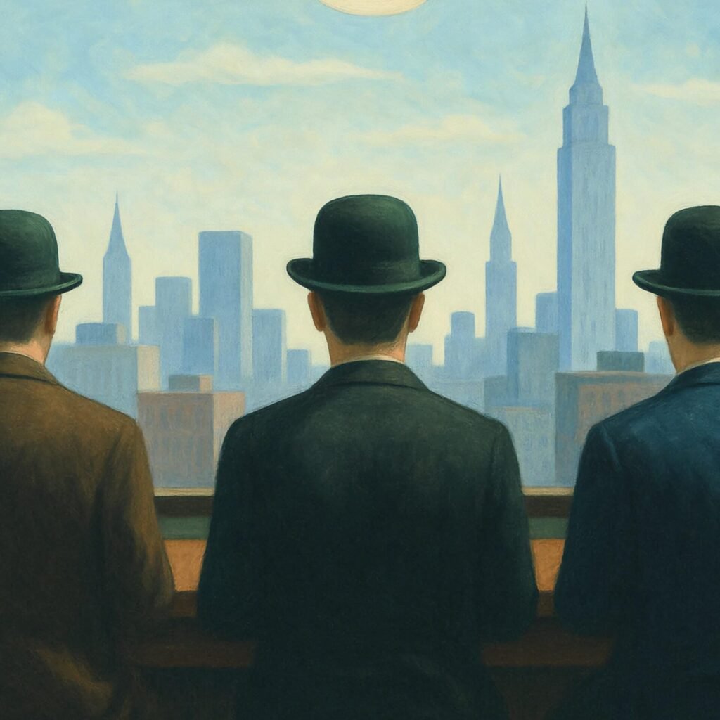 La cité bleue, peinture inspirée de magritte et hopper inspiré de Edward Hopper et René Magritte