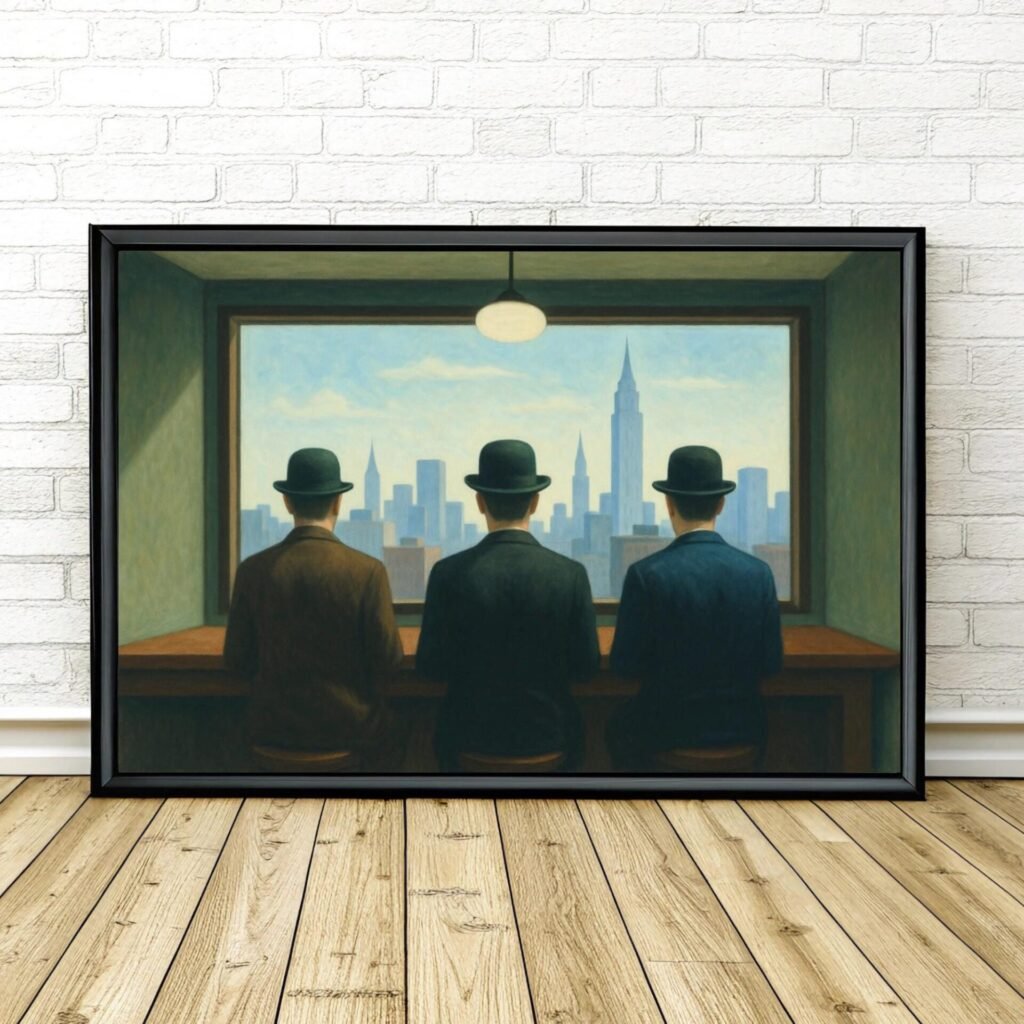 La cité bleue, peinture inspirée de magritte et hopper inspiré de Edward Hopper et René Magritte