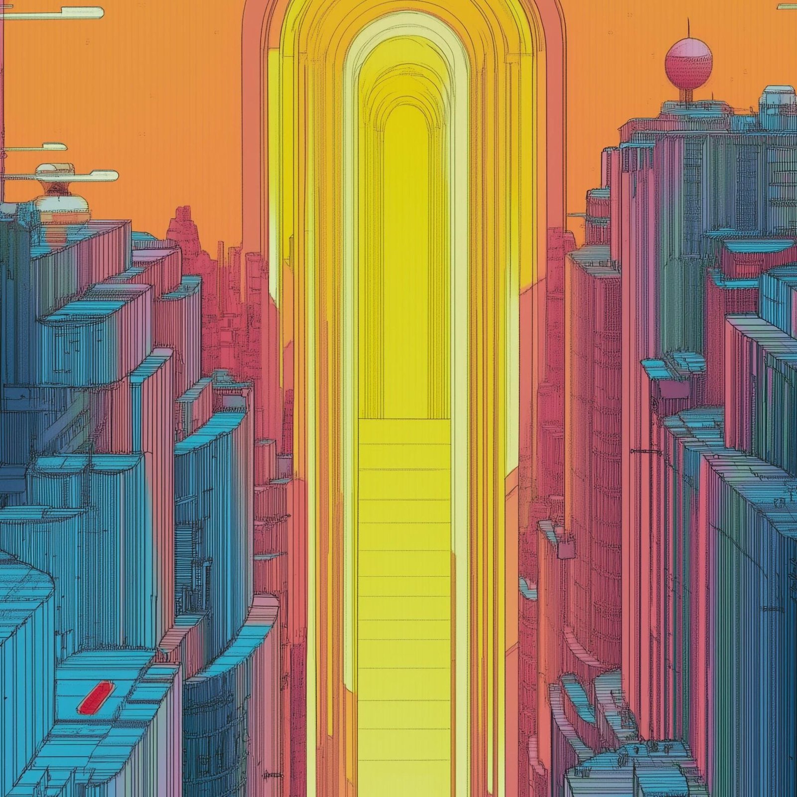 Le portail du temps, dessin urbain futuriste aux couleurs chaudes inspiré de Katsuhiro Otomo et François Schuiten
