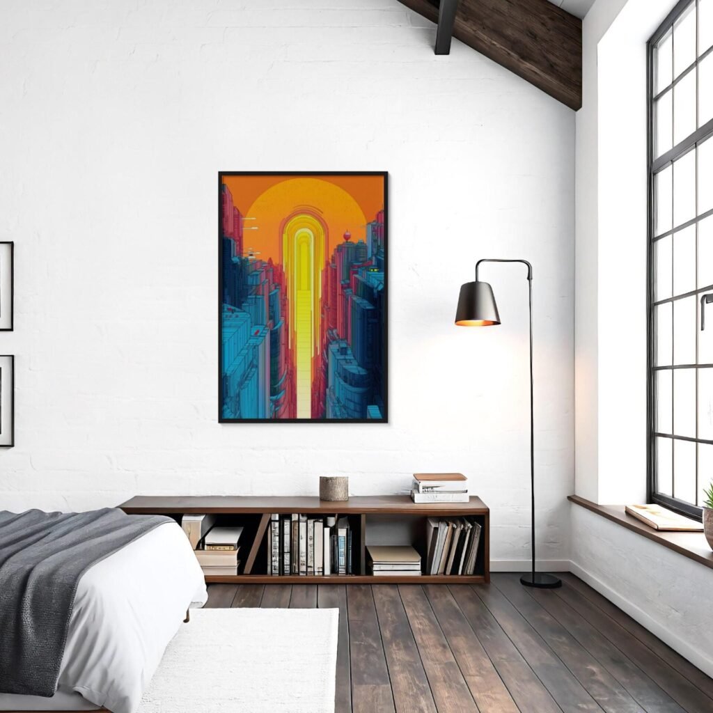 Le portail du temps, dessin urbain futuriste aux couleurs chaudes inspiré de Katsuhiro Otomo et François Schuiten