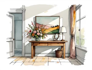 Intérieur raffiné avec tableau parfaitement centré au-dessus d’un canapé design.