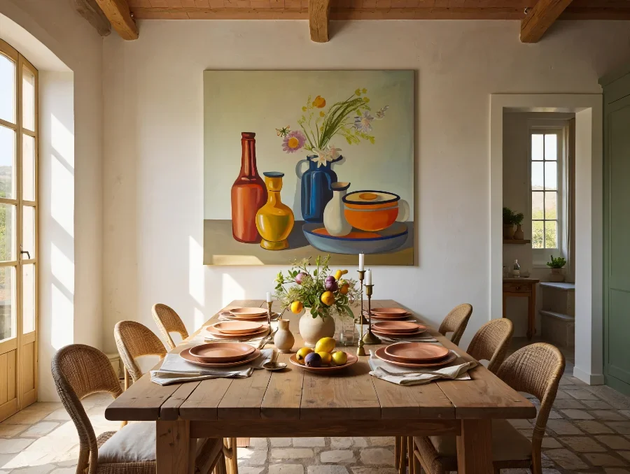 Table de salle à manger contemporaine avec tableau de nature morte moderne accroché au mur