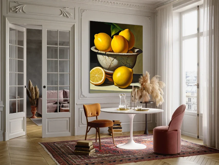 Table de salle à manger contemporaine avec tableau de nature morte moderne accroché au mur