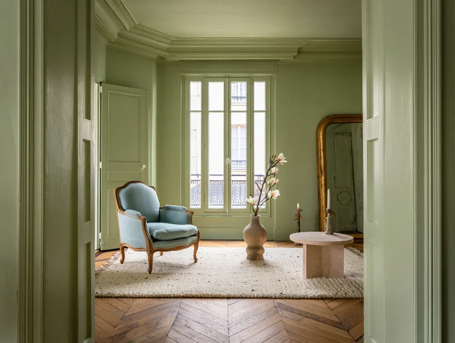 mur céladon dans un intérieur lumineux et élégant