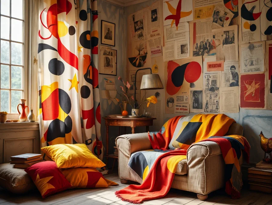 Déco intérieur façon tenture Miro, rideau et frise murale rouge et jaune