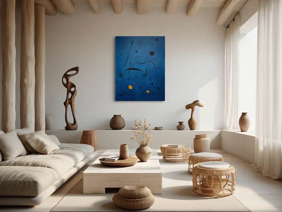 Tableau de Miró Bleu vibrant, mur neutre, mobilier naturel et lumineux.