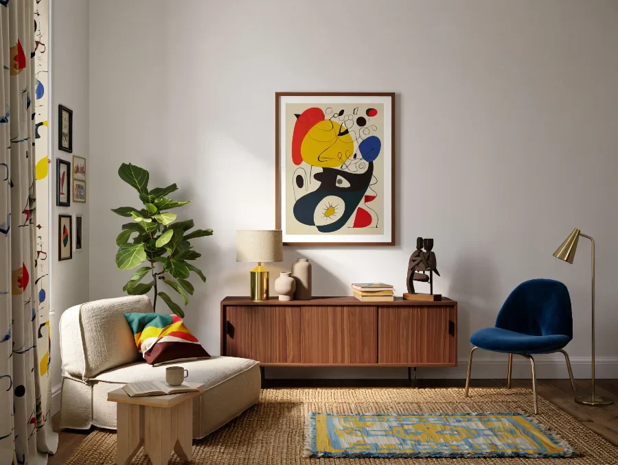 Tableau de Miró jaune et orange noir vibrant, mur neutre, mobilier vintage et coussin Miro assorti.