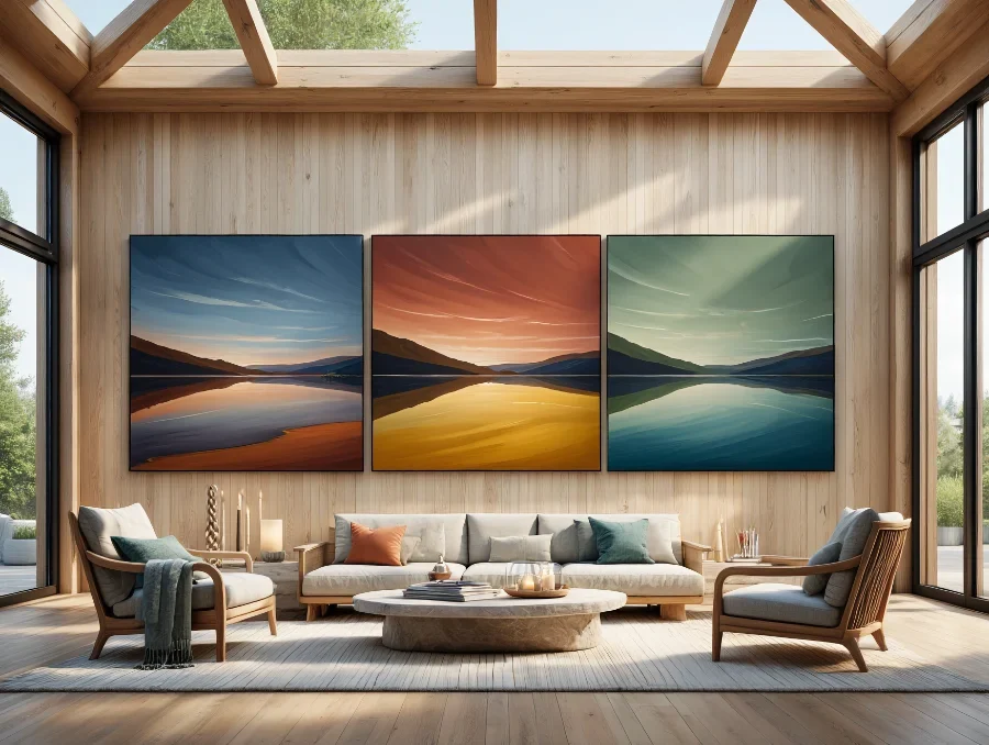 Exemple de triptyque mural contemporain installé dans un salon lumineux et épuré.