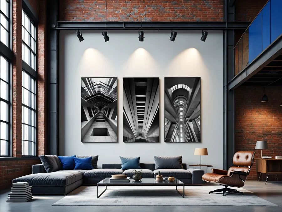 Exemple de triptyque mural contemporain installé dans un salon lumineux et épuré.