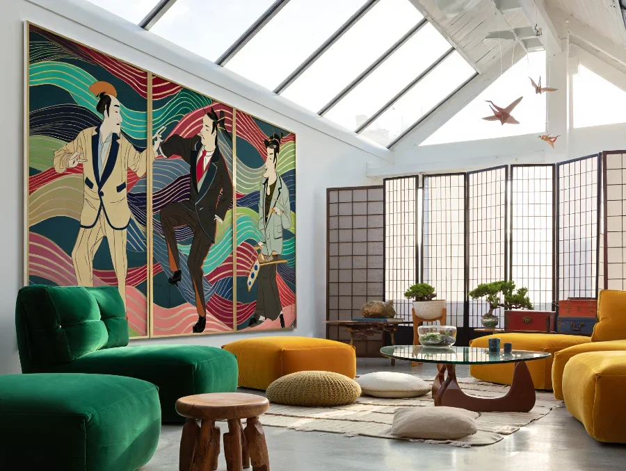Interior japonais contemporain avec estampe ukiyo-e et design épuré