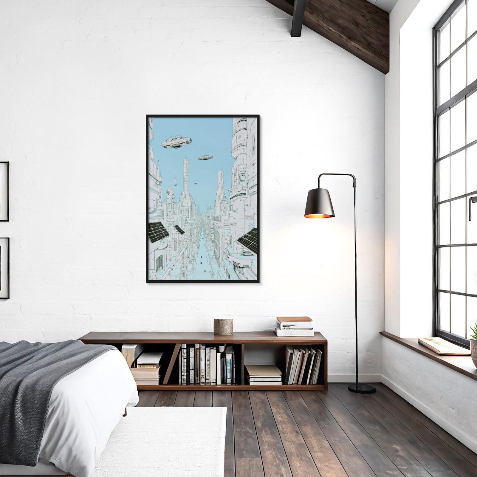 La ville bleue, dessin de ville du futur en bleu pastel inspiré de Moebius et François Schuiten