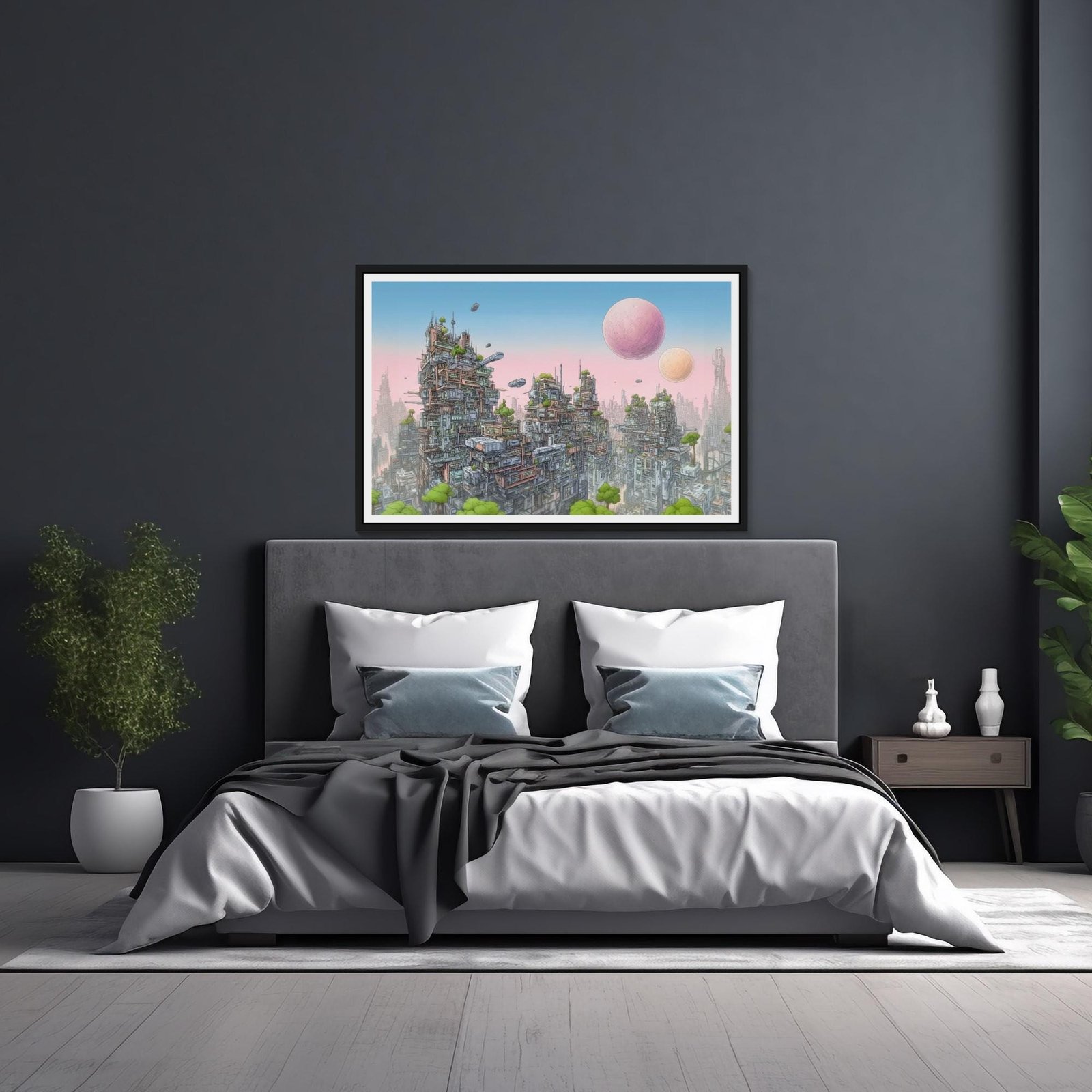 Les deux lunes, Illustration : Ville du futur aux 2 lunes inspiré de Moebius et François Schuiten