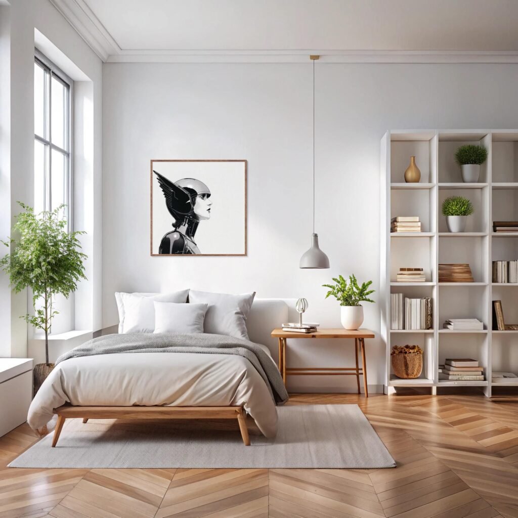Intérieur baigné de lumière naturelle avec matériaux organiques et végétaux.
