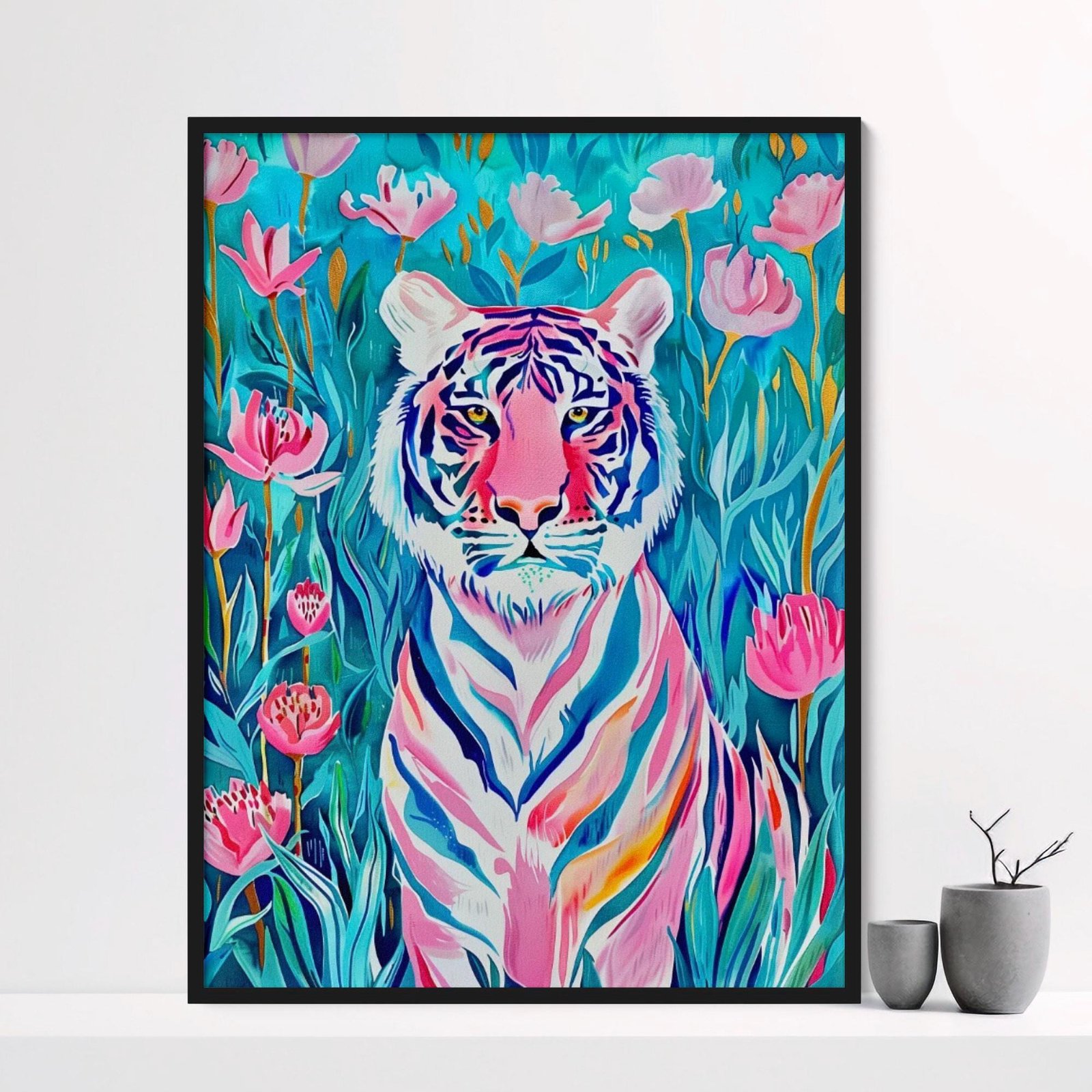 Tigre fauve dans jardin pop, affiche tigre rose pop art inspiré de Henri Matisse et Douanier Rousseau