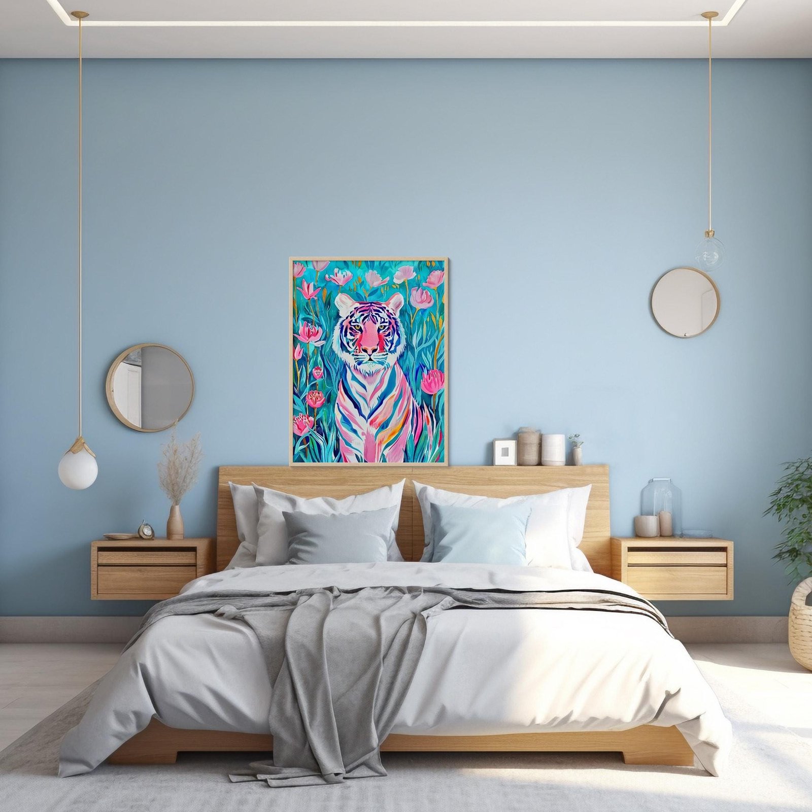 Tigre fauve dans jardin pop, affiche tigre rose pop art inspiré de Henri Matisse et Douanier Rousseau