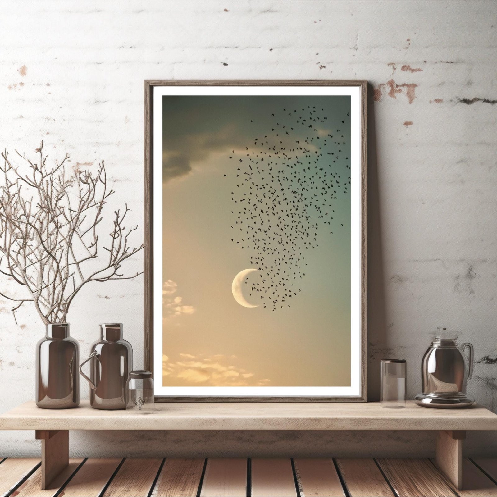 La lune aux étourneaux, Photographie symboliste oiseaux lune inspiré de Michael Kenna et Pentti Sammallahti