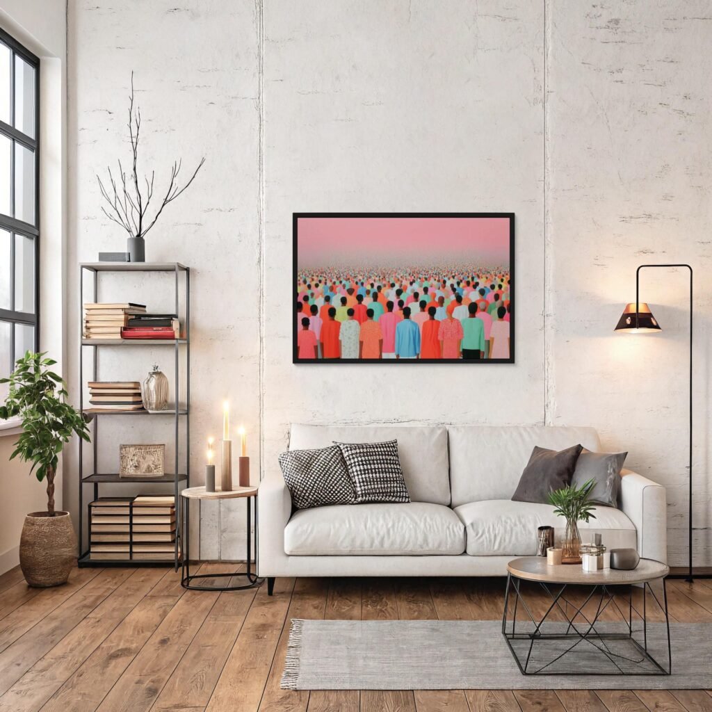 La foule rose, affiche foule colorée rose inspiré de Jacob Lawrence et Kerry James Marshall