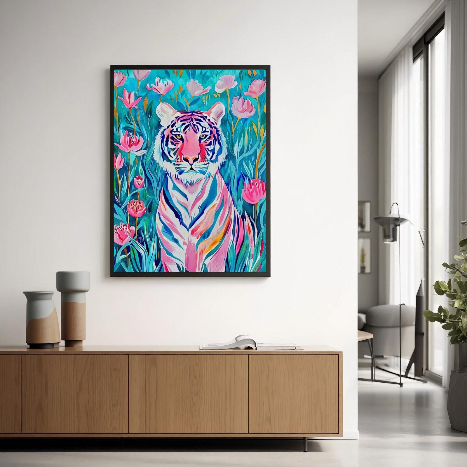 Tigre fauve dans jardin pop, affiche tigre rose pop art inspiré de Henri Matisse et Douanier Rousseau