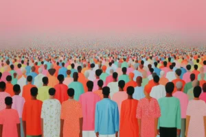 La foule rose, affiche foule colorée rose inspiré de Jacob Lawrence et Kerry James Marshall