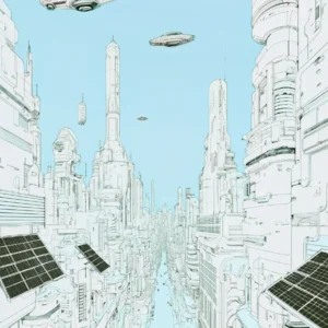La ville bleue, dessin de ville du futur en bleu pastel inspiré de Moebius et François Schuiten