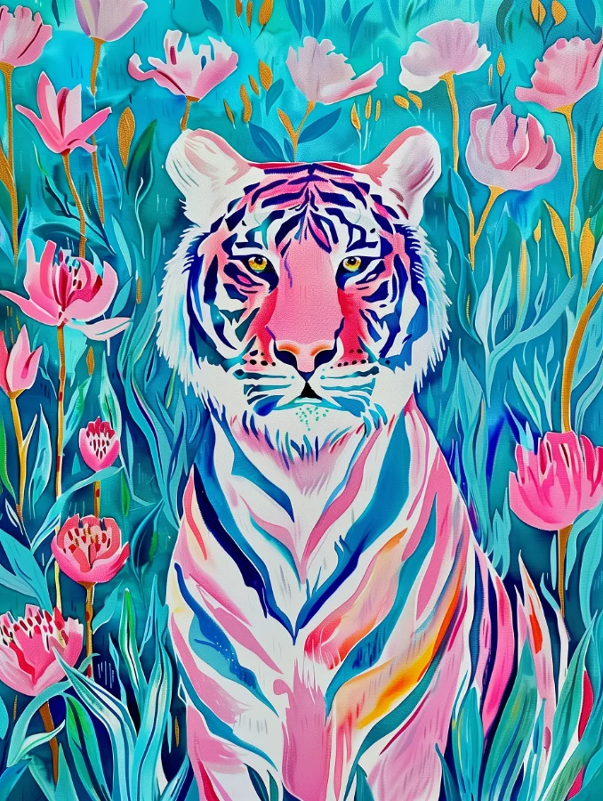 Tigre fauve dans jardin pop, affiche tigre rose pop art inspiré de Henri Matisse et Douanier Rousseau