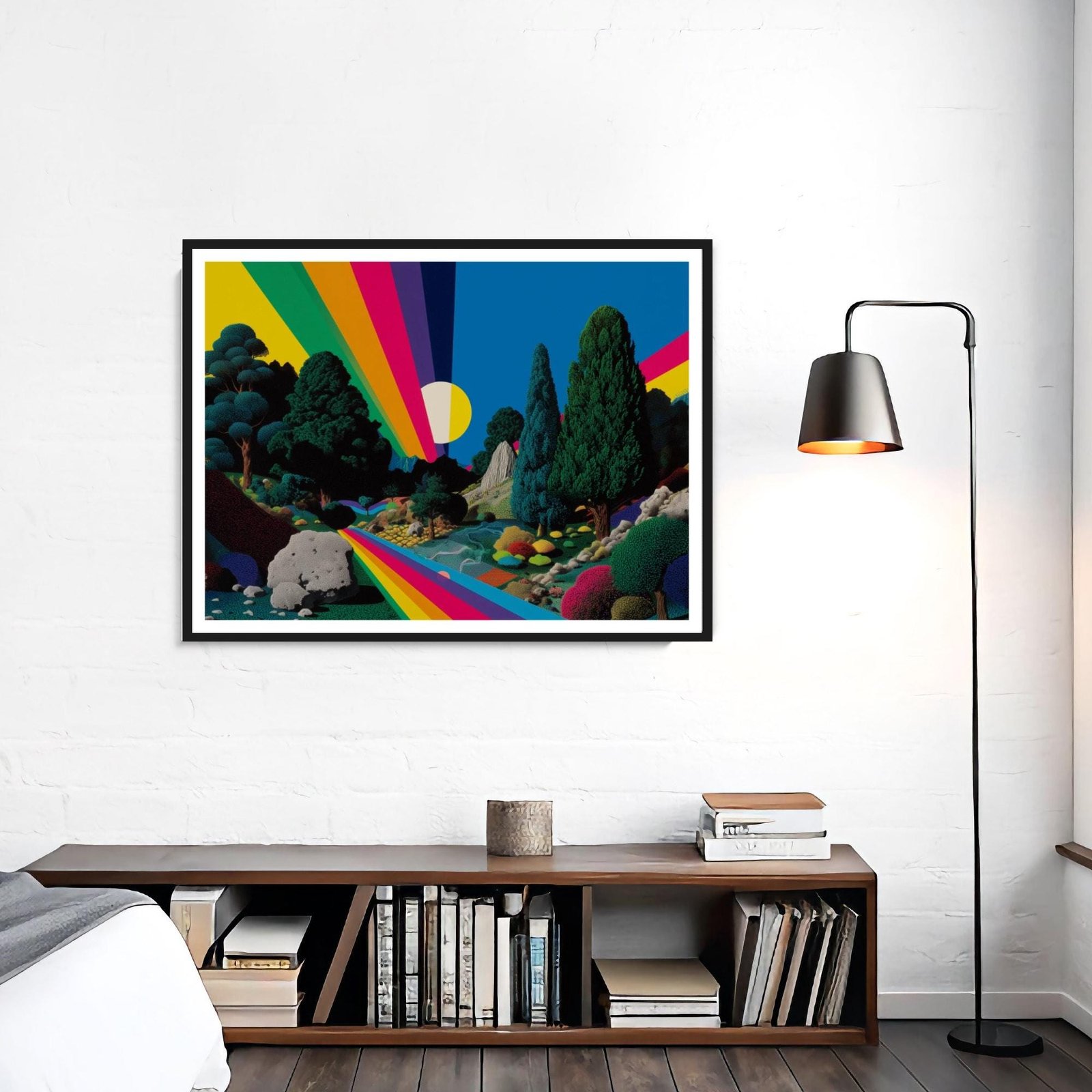 Paysage arc-en-ciel, Illustration psychédélique à encadrer inspiré de Peter Max et Douanier Rousseau
