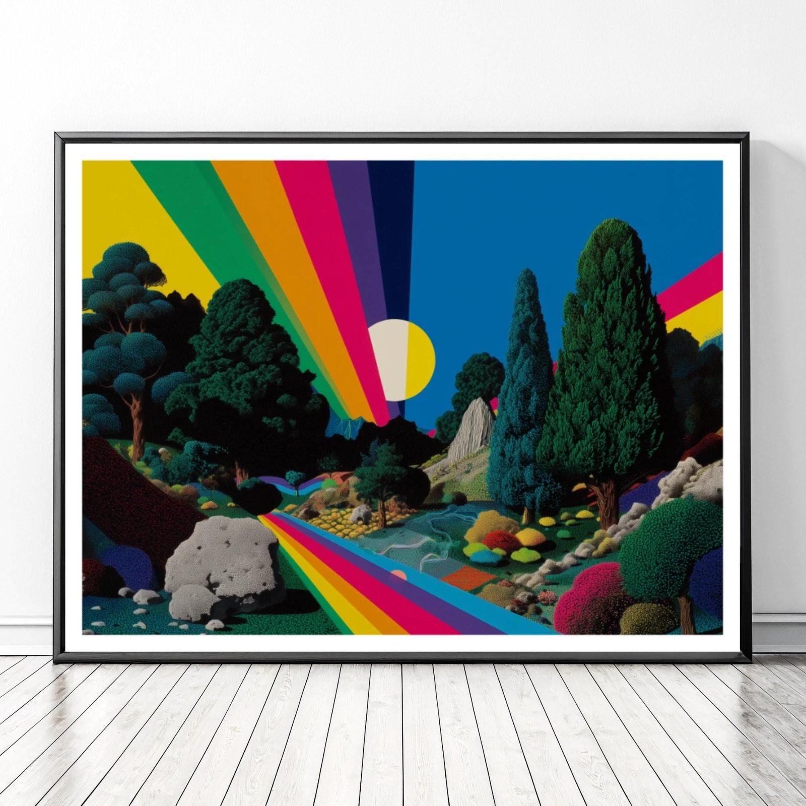 Paysage arc-en-ciel, Illustration psychédélique à encadrer inspiré de Peter Max et Douanier Rousseau