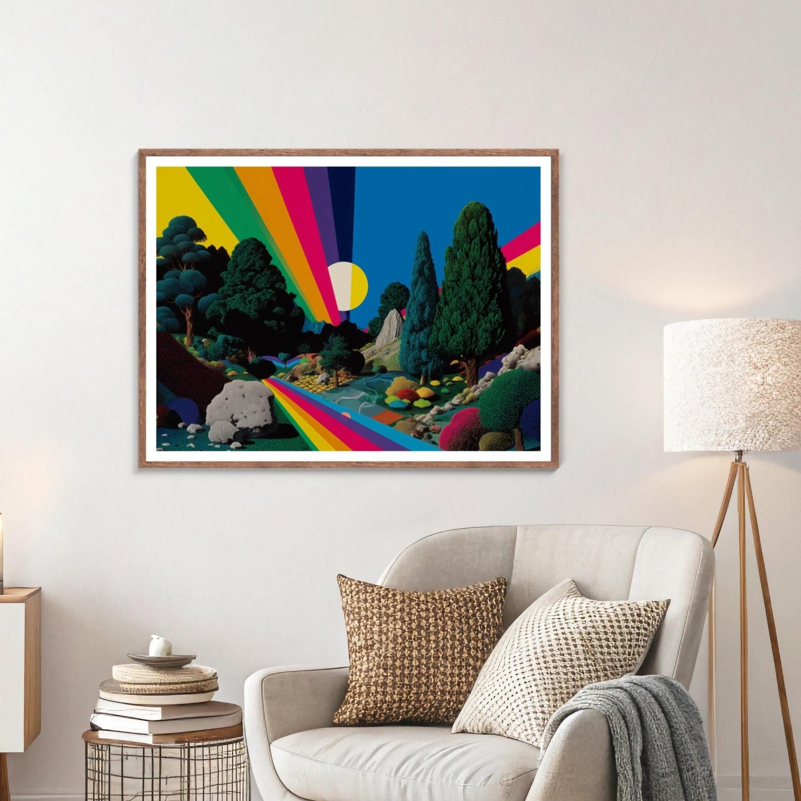 Paysage arc-en-ciel, Illustration psychédélique à encadrer inspiré de Peter Max et Douanier Rousseau