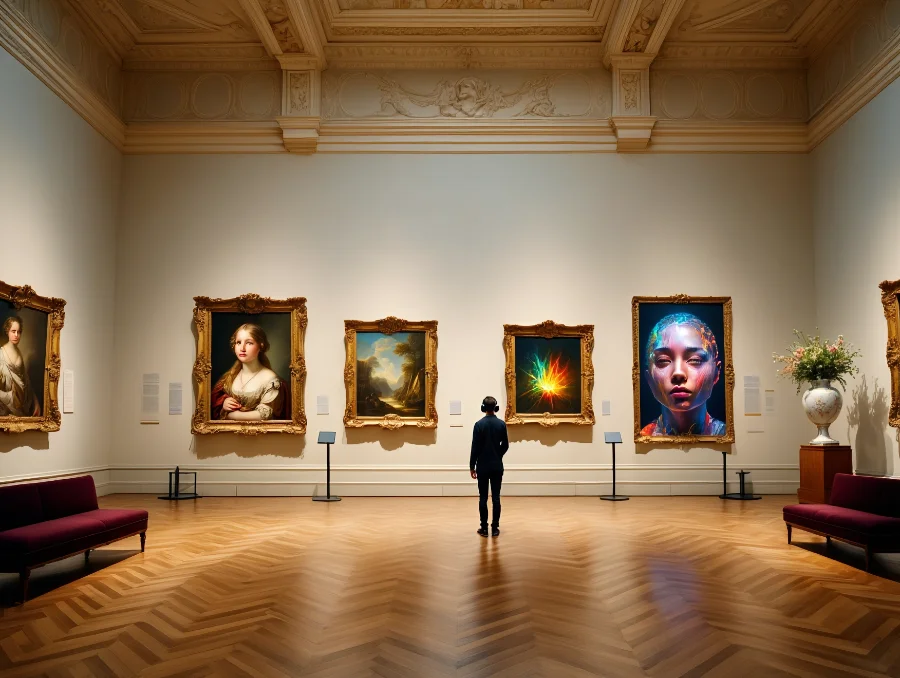 Œuvre d'art numérique abstraite générée par IA, avec effet de peinture à l'huile et éléments de blockchain.