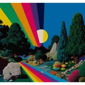 Paysage arc-en-ciel, Illustration psychédélique à encadrer inspiré de Peter Max et Douanier Rousseau