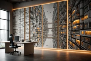 Mur décoré avec œuvres inspirées du manga japonais, éclairage LED et éléments naturels japonais