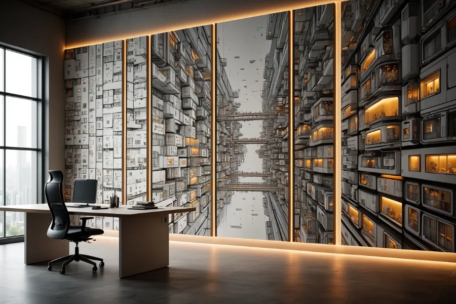 Mur décoré avec œuvres inspirées du manga japonais, éclairage LED et éléments naturels japonais