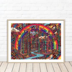 L’arc-en-ciel cosmique, Illustration arc en ciel pride à encadrer inspiré de Peter Max et Jean-Michel Basquiat