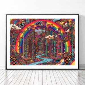 L’arc-en-ciel cosmique, Illustration arc en ciel pride à encadrer inspiré de Peter Max et Jean-Michel Basquiat