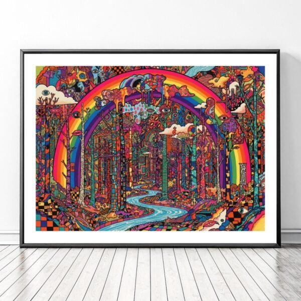 L’arc-en-ciel cosmique, Illustration arc en ciel pride à encadrer inspiré de Peter Max et Jean-Michel Basquiat