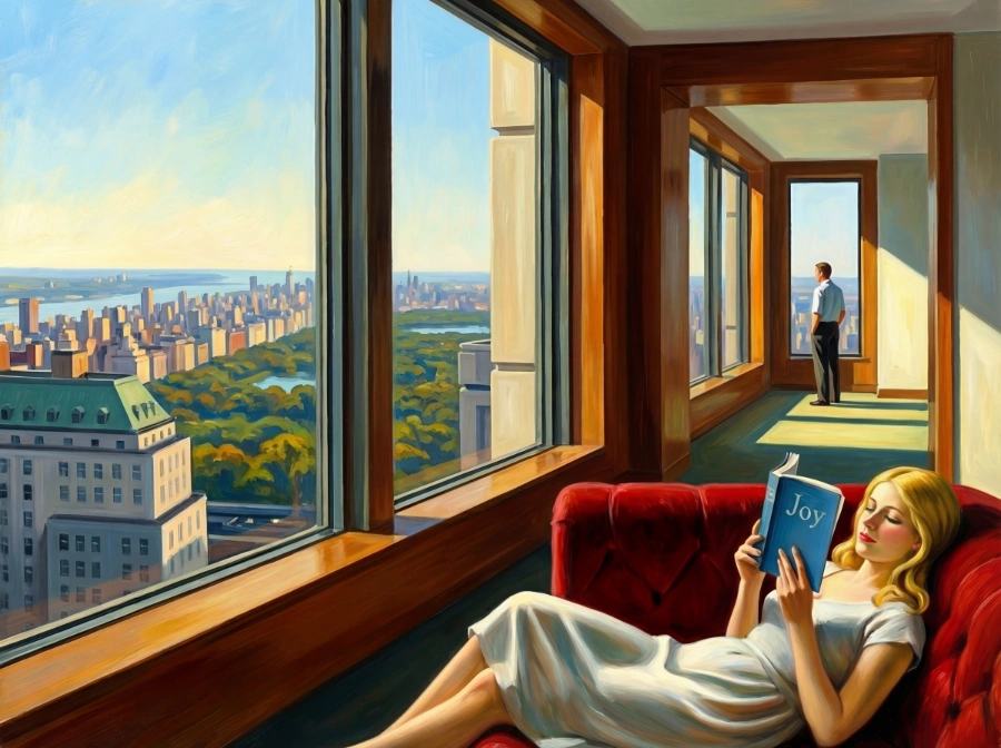 Joy, Tableau de Femme, Central Park inspiré de Edward Hopper et Johannes Vermeer