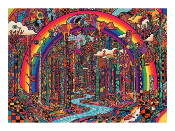 L’arc-en-ciel cosmique, Illustration arc en ciel pride à encadrer inspiré de Peter Max et Jean-Michel Basquiat