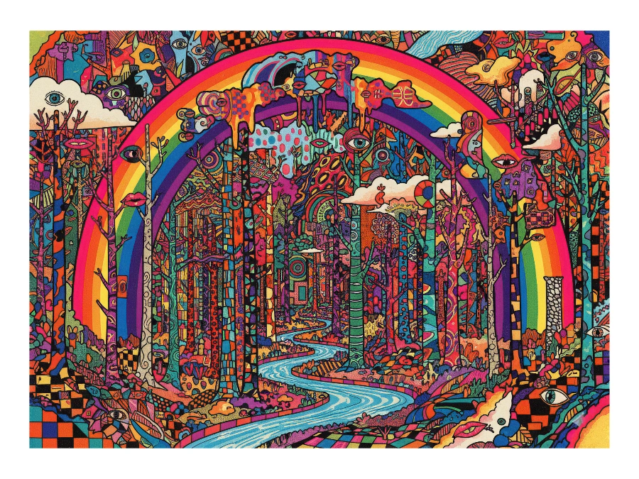 L’arc-en-ciel cosmique, Illustration arc en ciel pride à encadrer inspiré de Peter Max et Jean-Michel Basquiat
