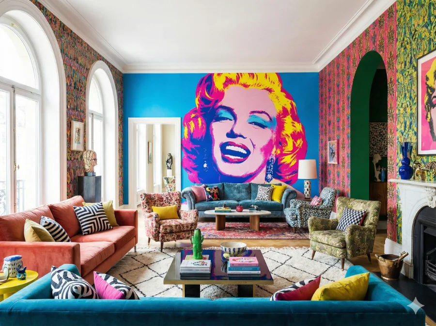 Portrait grand format encadré dans un salon contemporain aux tons neutres et lumineux