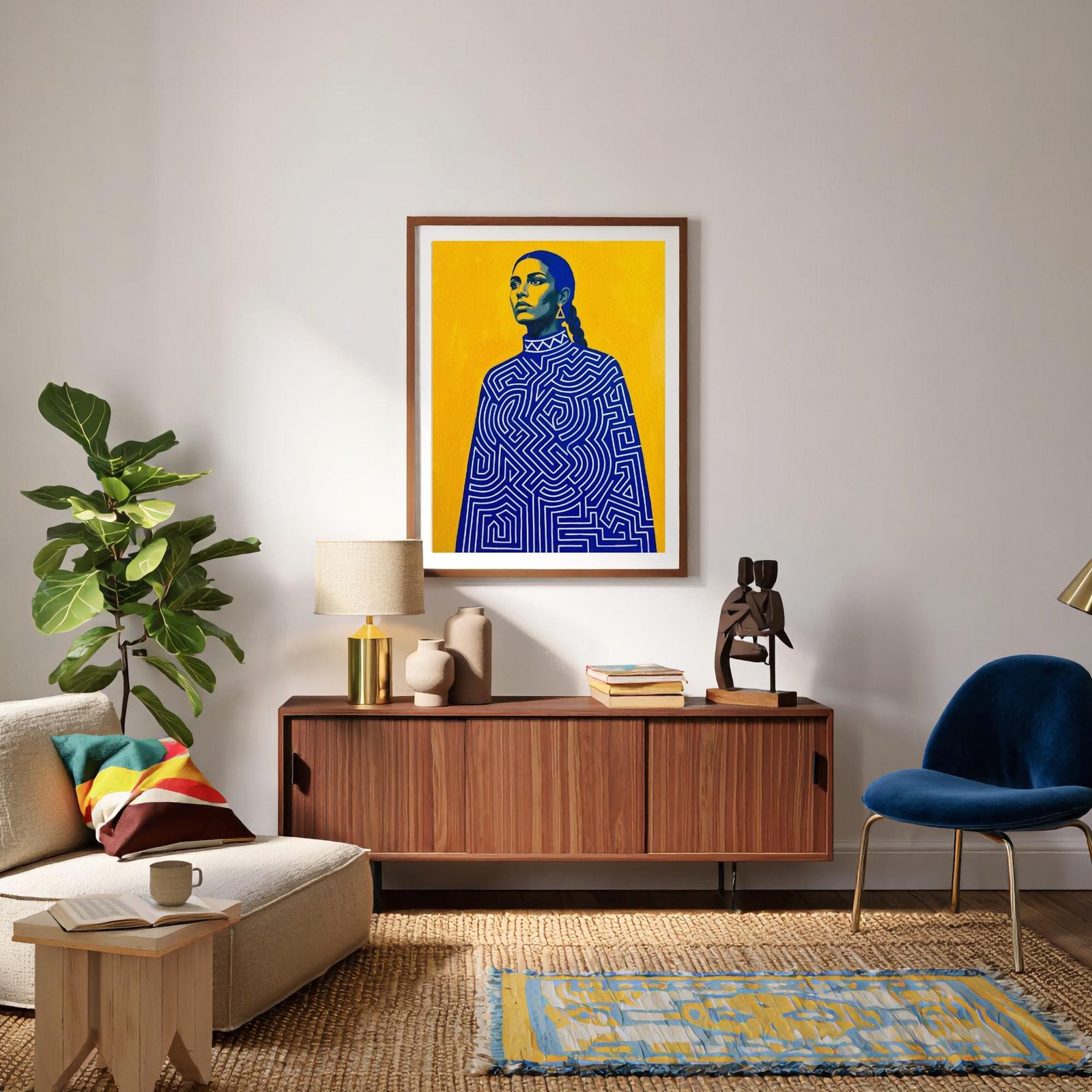 Le labyrinthe, Portrait Pop Art Femme Bleu et Jaune inspiré de Amedeo Modigliani et Gustav Klimt